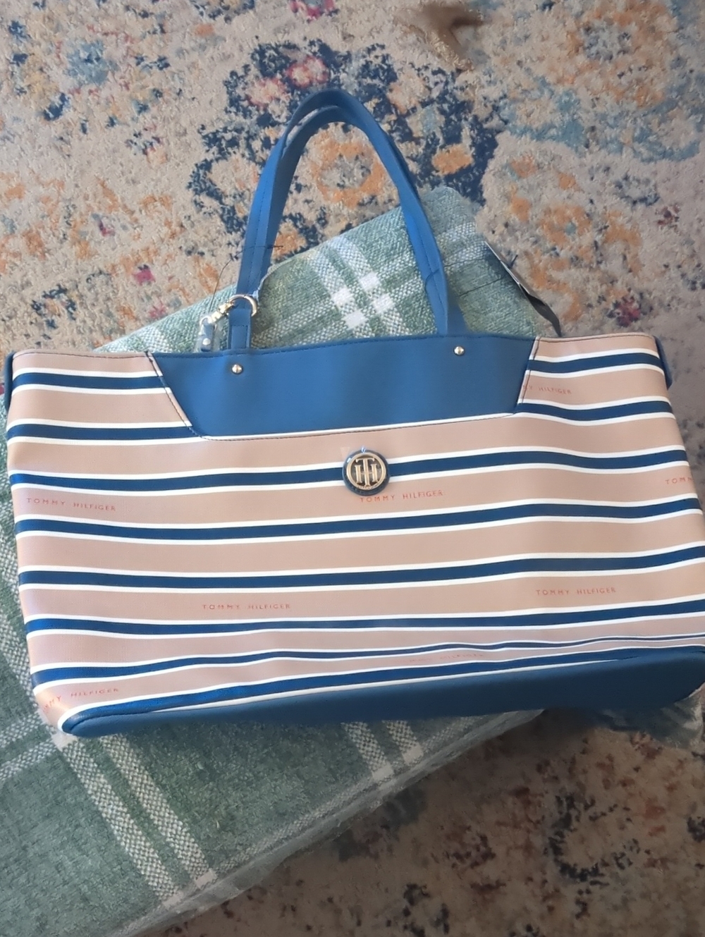 Tommy Hilfiger Blue, Beige & White Striped Tote with Gold Logo and Pouch